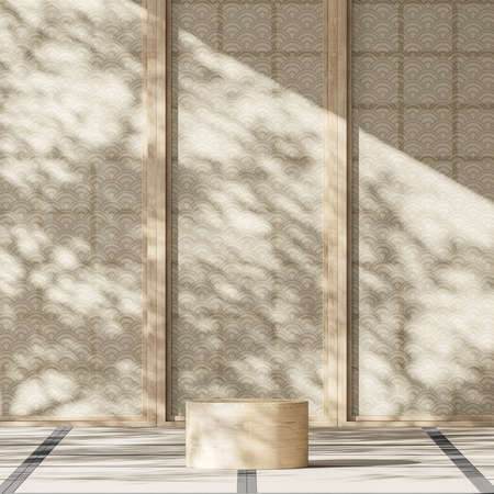 wooden podium middle japanese room, Sunshade and tree shadows on japan partition. abstract background for product presentation or ads. 3d renderingの写真素材
