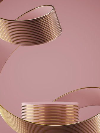 Pink podium on abstract soft background, pink ribbon and gold line texture bending around podium....