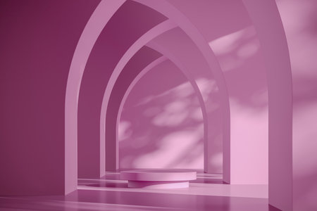 Brown platform on arch wall background, mockup scene for product presentation, 3d renderingの写真素材
