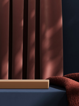 Minimal pedestal with red fabric and curtain on dark blue base. abstract background for product presentation. 3D illustrationの写真素材