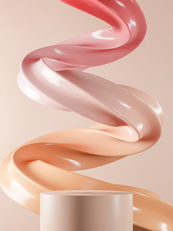 Beige platform with wavy twisted creams. Abstract background for cosmetic or soft cream. 3D illustrationの写真素材