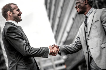 Two smiling businessmen wearing suits are shaking hands outside a modern office building, symbolizing partnership and success. The black and white color scheme enhances the image's professional look and makes it suitable for corporate marketing and editorial content.の素材