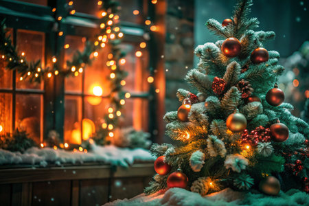 Warm holiday scene featuring a decorated Christmas tree indoors with glowing ornaments, standing near a window adorned with festive lights. The image evokes a cozy, magical feeling suitable for holiday cards, seasonal advertising, and festive editorial content.の素材