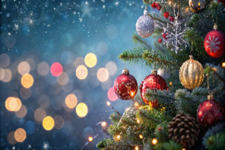 An inviting shot of a decorated Christmas tree displaying twinkling lights and vibrant ornaments against a blurred bokeh background. Perfect for festive greeting cards, holiday promotions, and seasonal design projects.の素材