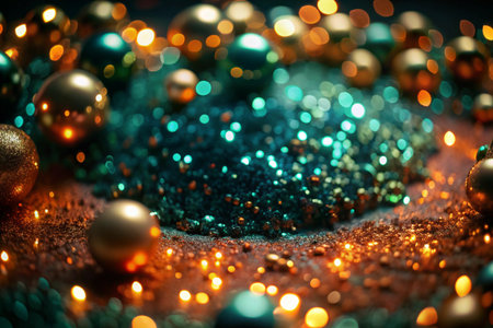 A mesmerizing macro shot captures a captivating blend of radiant gold baubles nestled among a sea of glittering turquoise sparkles, creating a luxurious and festive ambiance. The interplay of light and color evokes a sense of wonder and sophistication, ideal for holiday-themed designs, elegant backgrounds, or enchanting visual narratives.の素材