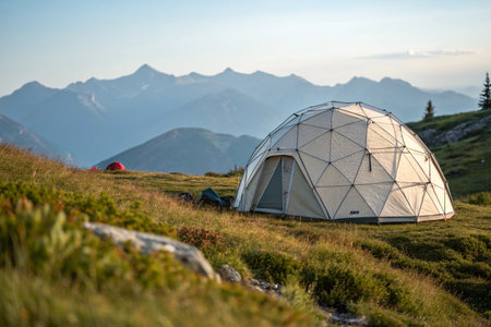 An off-white geodesic dome tent sits pitched on a grassy hillside during sunset, overlooking distant alpine peaks. This tranquil scene evokes adventure, freedom, and immersion in nature.の素材
