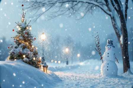 Snowy winter wonderland with a decorated Christmas tree and charming snowman, capturing the festive spirit. Illuminated street lights add a warm glow, enhancing the magical ambiance perfect for holiday-themed projects.の素材