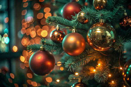 This shot features an up-close view of shiny red and gold ornaments hanging from a Christmas tree, set against a backdrop of warm, golden bokeh lights. The image evokes the festive atmosphere of the holiday season.の素材
