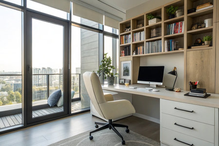 Bright and modern home office featuring a white desk with drawers, a built-in bookshelf with various items, a comfortable ergonomic chair, and a stunning city view from the balcony. This workspace offers a tranquil and inspiring environment for productivity and creativity.の素材