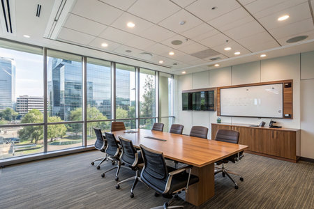 A modern conference room features a large wooden table surrounded by ergonomic chairs, perfect for corporate meetings and presentations. Sunlight streams through expansive windows overlooking the city, enhancing the room's bright and professional atmosphere.の素材