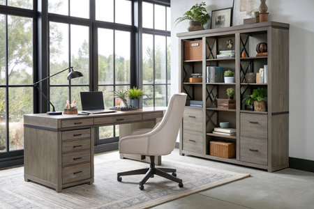 Contemporary home office featuring a stylish desk, ergonomic chair, and a sleek bookshelf, ideal for a productive workspace. The setup is bathed in natural light, creating a calming and professional atmosphere perfect for business or creative endeavors.の素材
