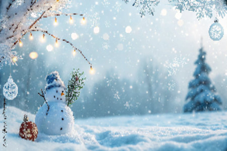 A charming snowman stands amidst a snowy landscape adorned with twinkling Christmas lights and a beautifully blurred Christmas tree in the backdrop. The scene evokes a sense of holiday magic, making it ideal for seasonal greetings and festive promotions.の素材
