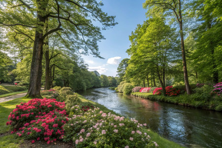 This picturesque landscape features a serene river flanked by vibrant azalea bushes in full bloom, creating a stunning visual contrast against the lush greenery and clear blue sky. The scene evokes a sense of peace and natural beauty, perfect for travel, nature, or landscape-themed projects.の素材