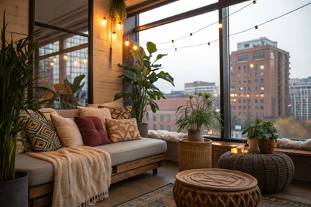 Bright and cozy living room with a comfortable sofa decorated with colorful pillows and warm blanket. Large windows overlooking the city with plants and candle lights adding to the relaxing atmosphere.の素材