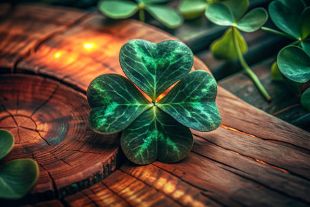 A vibrant four-leaf clover rests on a textured wooden surface, illuminated by warm, inviting light. The detailed shot symbolizes luck and Irish heritage, suitable for festive St. Patrick's Day themes or promoting environmental awareness.の素材