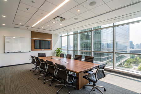 Bright and modern conference room featuring a large wooden table surrounded by comfortable chairs, perfect for corporate meetings and discussions. Floor-to-ceiling windows offer a stunning city skyline view, enhancing the professional ambiance.の素材
