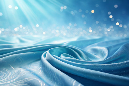 This captivating image features a swirling blue fabric in the foreground, complemented by soft light rays and delicate bokeh in the background, evoking a sense of ethereal beauty and serene elegance. It is perfect for adding a touch of sophistication to any design project, from fashion editorials to wedding invitations.の素材