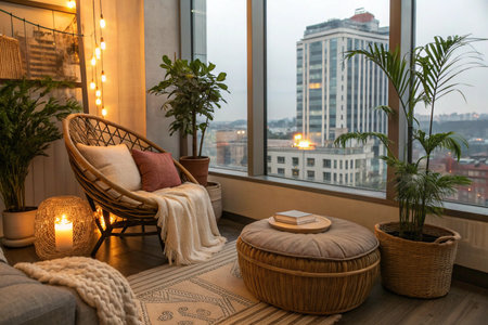 This modern living room boasts a cozy woven armchair, inviting pillows, and a warm throw, alongside lush plants enhancing the connection with nature. The wide window offers a stunning city view, perfectly blending urban life with interior comfort.の素材