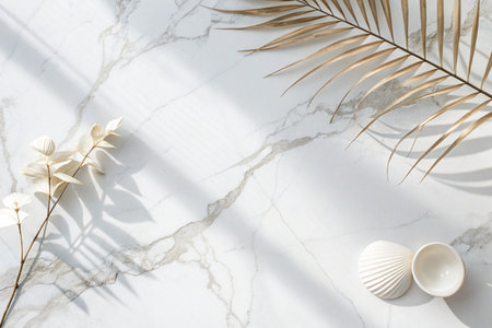 This product mockup showcases a white marble background with two seashells and dried plants with sunlight for a natural, elegant style. Ideal for beauty or wellness product presentations.の素材