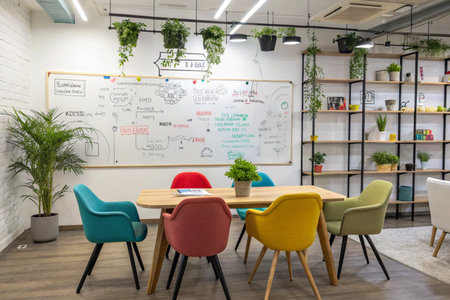 An open and inviting meeting room showcases a whiteboard covered in brainstorming ideas and framed by lively green plants. The colorful chairs gathered around the light wood table suggests a modern workspace, ideal for collaboration and innovative business discussions.の素材