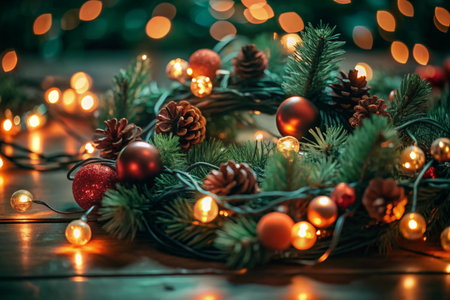 A festive Christmas wreath is decorated with pine cones, red ornaments, and warm string lights, radiating holiday cheer. The composition creates a cozy atmosphere ideal for seasonal greeting cards, social media posts, or winter-themed design projects.の素材