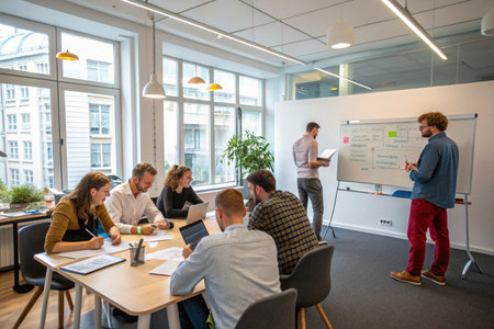 A young diverse team is brainstorming ideas in a modern, bright office setting, led by a presenter at a whiteboard. The image depicts collaboration, creativity, and a modern business environment.の素材