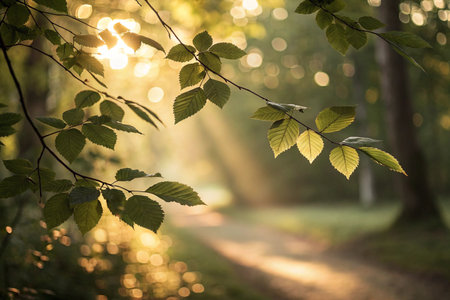 A sun-drenched path cuts through the lush green forest, framed by delicate, illuminated leaves, creating a serene and inviting natural scene. This tranquil image captures the essence of a peaceful forest stroll and is perfect for promoting wellness, nature tourism, or ecological awareness.の素材