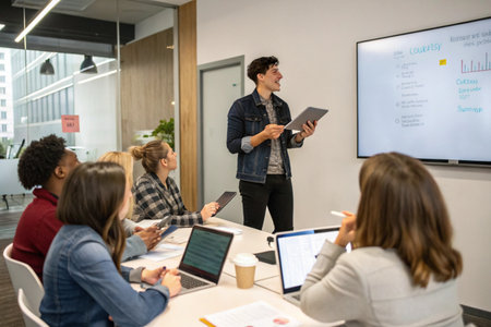 A young man is giving a presentation to his colleagues in a modern office, pointing to a whiteboard with notes. The scene conveys teamwork, collaboration, and corporate professionalism.の素材