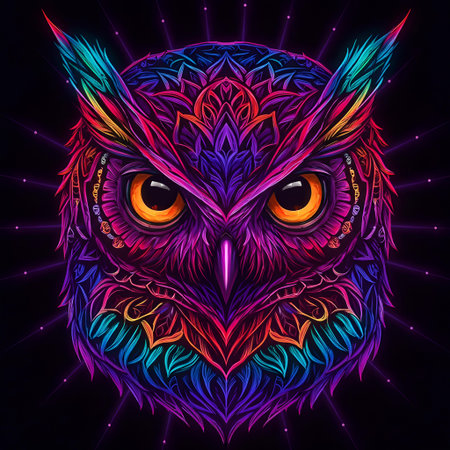 A striking portrait of an owl featuring intricate line work and glowing neon colors. This mesmerizing image evokes a sense of mystique and can be used for graphic design projects, wall art, and creative advertising.の素材