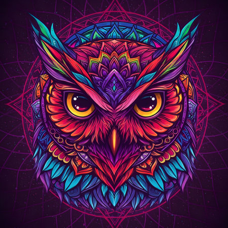 Intricate, colorful illustration features a majestic owl head designed in a symmetrical mandala style. The bold neon colors and psychedelic pattern create a striking graphic art piece, suitable for posters, spiritual designs, or decorative art.の素材