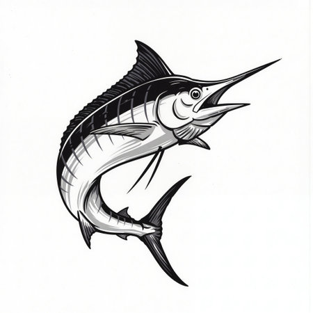 A captivating black and white illustration of a marlin fish leaping out of the water, showcasing its elongated bill and powerful fins, ideal for ocean-themed designs. Its detailed linework and dynamic pose evoke the excitement of deep-sea fishing and marine wildlife.の素材