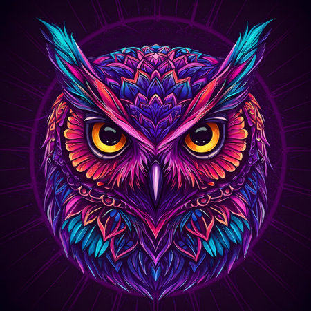 Vivid, colorful illustration features a detailed owl with intricate feather patterns and striking yellow eyes against a dark purple background. This eye-catching design is perfect for digital art prints, decorative wall art, or educational materials about nocturnal birds.の素材