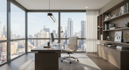 A bright, upscale office room boasts floor-to-ceiling windows offering a stunning city skyline view. The space is furnished with a sleek wooden desk, ergonomic leather chair, and built-in shelving, embodying modern design and professional elegance.の素材