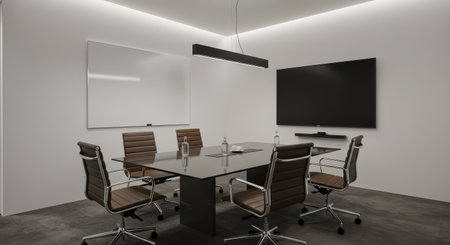 Elegant conference room with leather chairs, a sleek table, and a large television, designed for productive meetings. The minimalist design and neutral color palette create a sophisticated yet professional atmosphere.の素材
