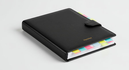 A sleek, black Filofax personal organizer sits angled on a white surface, its textured cover and minimalist design suggesting themes of organization, productivity, and professional planning. Colorful index tabs protrude from the pages, adding a pop of visual interest.の素材