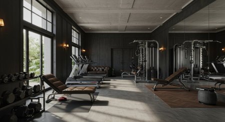 Sophisticated private gym interior with state-of-the-art fitness equipment and elegant decor; perfect for fitness enthusiasts seeking luxurious exercise spaces. Sunlight streams through the windows, illuminating the treadmills, weight racks, and workout benches arranged in the aesthetically pleasing space.の素材