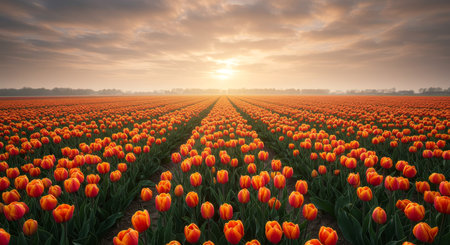 Rows of vibrant orange tulips stretch towards the horizon in a vast field, bathed in the warm glow of the rising sun, creating a stunning landscape perfect for travel, nature, and spring-themed projects. The scene evokes feelings of peace, beauty, and the rejuvenating power of nature.の素材
