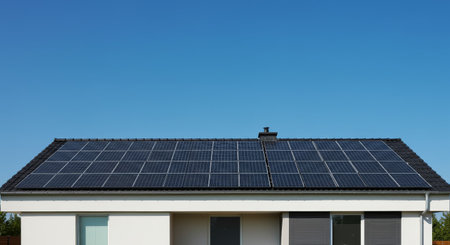 A modern, eco-friendly house features solar panels neatly installed on a dark tiled roof against a clear blue sky. This image highlights sustainable energy and innovative architecture.の素材