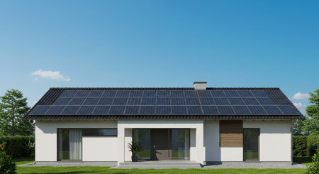 A modern, single-family house featuring solar panels installed on the roof, harnessing clean energy from the sun. This sustainable residence boasts a clean, minimalist design set against a clear blue sky and lush green lawn.の素材
