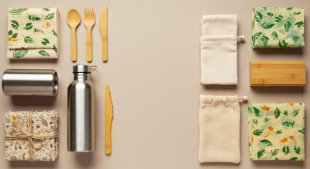 Flat lay composition features reusable bamboo cutlery, beeswax food wraps, mesh bags, and stainless steel water bottle, reflecting an eco-friendly lifestyle. Beige background enhances the zero waste concept, promoting sustainability.の素材