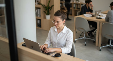 Focused young businesswoman works on her laptop in a bright, modern office space. The composition is clean and contemporary, evoking a sense of productivity and professional success.の素材