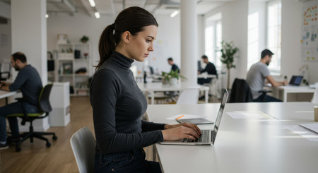 A young, focused woman works diligently on her laptop in a bright, modern office setting, showcasing dedication and productivity. The clean, minimalist design of the office and the presence of other professionals suggest a collaborative and dynamic work environment.の素材