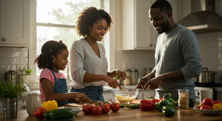 A smiling African American family joyfully prepares a healthy meal together in their well-lit kitchen, chopping fresh vegetables and whisking ingredients. This image represents family togetherness, healthy eating, and modern lifestyle.の素材