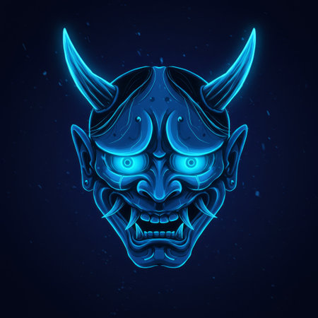 An eerie and mesmerizing digital illustration features a Japanese Oni mask, its sharp features and horns illuminated with a vibrant blue glow. Perfect for projects needing a touch of mythical folklore, digital artistry, or bold, eye-catching graphic elements.の素材