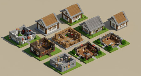 A detailed isometric view displays diverse Minecraft house designs with fully furnished interiors, set against a neutral backdrop. The image showcases unique architectural and decorative elements within a compact, creative layout, perfect for gaming enthusiasts.の素材