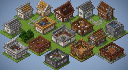 This isometric illustration features a variety of unique buildings and structures set on individual grassy plots, showcasing diverse architectural styles and interior details. The image offers a whimsical, bird's-eye view, perfect for use in gaming concepts, architectural visualizations, or educational materials about design and urban planning.の素材