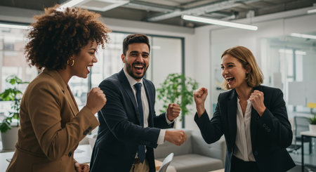 Three ecstatic business professionals celebrate a major success with joyful expressions and raised fists in a modern office. This dynamic image is perfect for illustrating teamwork, achievement, and workplace happiness.の素材