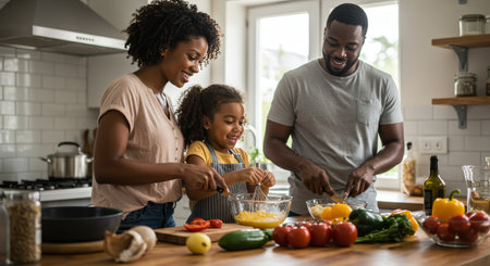 A smiling African American family is seen preparing food together in a modern kitchen, teaching healthy eating habits to their child. The family is surrounded by fresh vegetables, emphasizing a focus on nutrition and healthy lifestyle choices.の素材