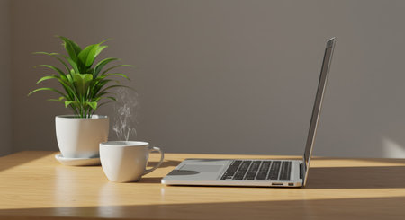 A laptop stands open on a wooden desk next to a steaming cup of coffee and a green plant, creating a cozy and inviting workspace scene. Perfect for illustrating productivity, remote work, and modern lifestyle concepts.の素材