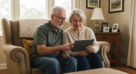 An elderly couple with gray hair sits together on a couch in their sunlit living room, browsing a tablet and enjoying each other's company. Their home is decorated with care, highlighting a peaceful and comfortable lifestyle.の素材